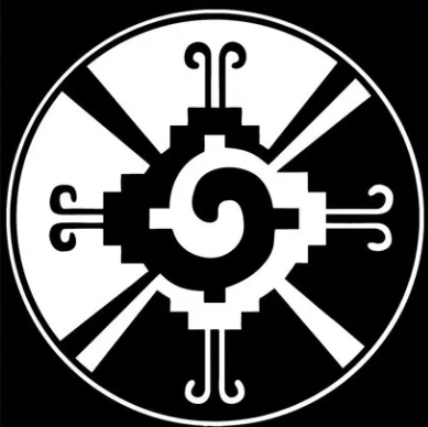 Black-and-white Hunab Ku emblem: an interlocking central spiral, four stepped arms and diagonal divisions inside a circle.