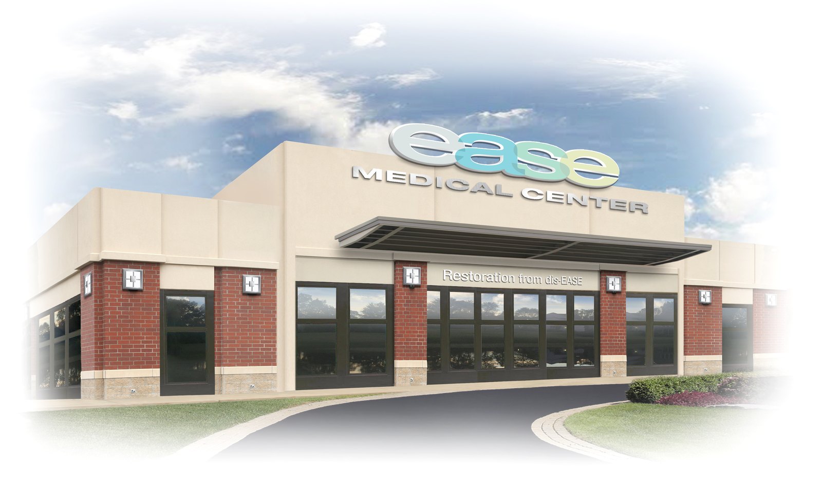 Architectural rendering of the Ease Medical Center entrance, with the ease wordmark on the parapet and the line Restoration from dis-EASE above the doors