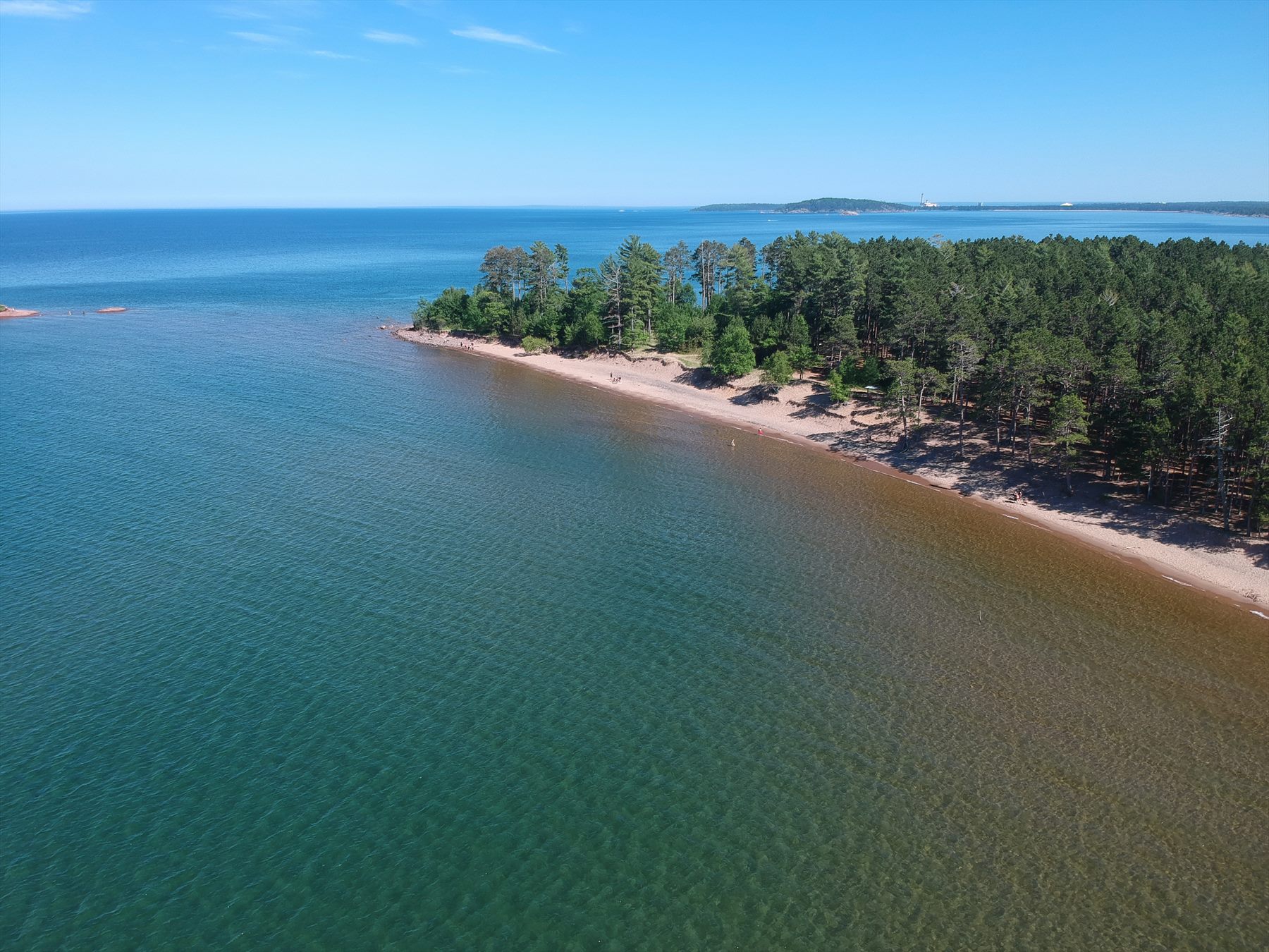 Forested shoreline meeting clear blue water