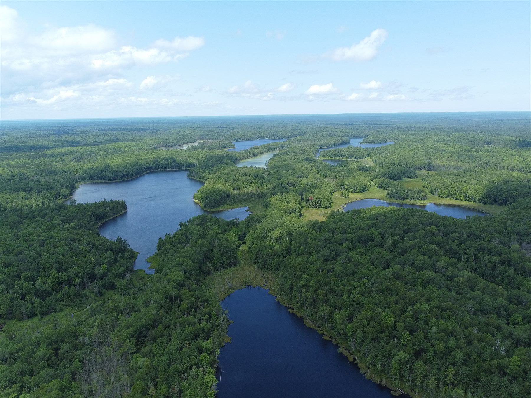 Aerial view of interconnected inland lakes among dense forest