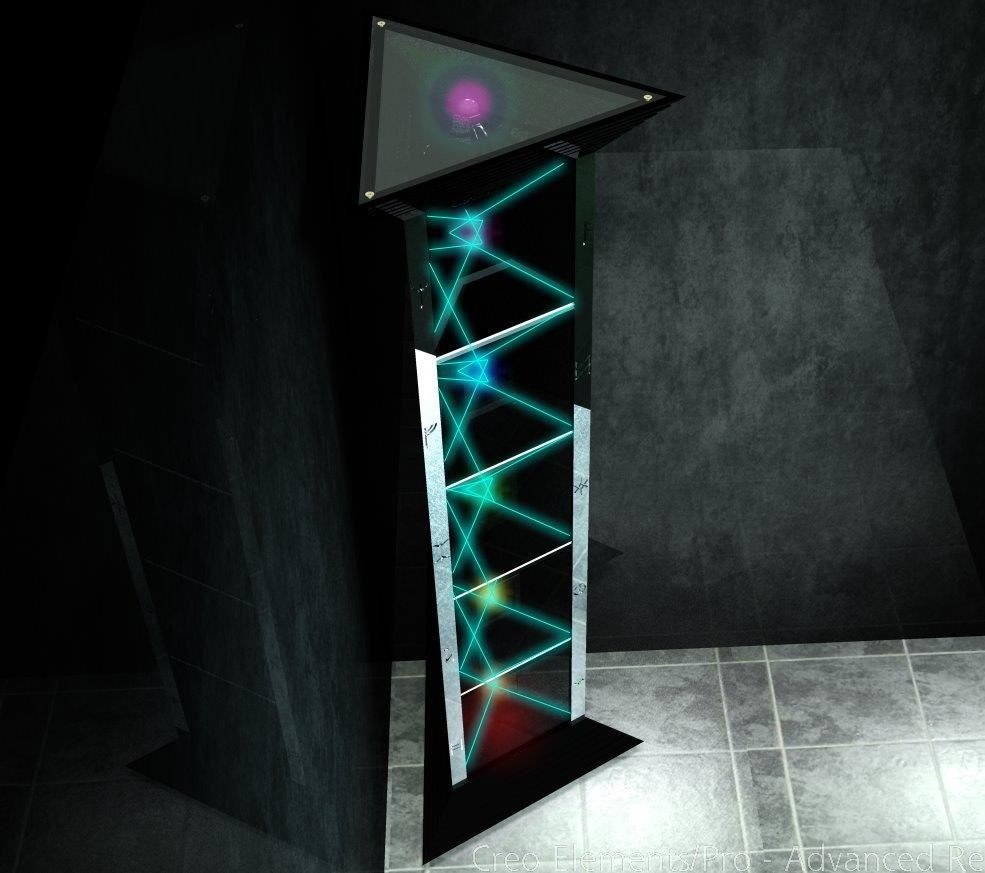 Illuminated geometric column with triangular top and crossing cyan members