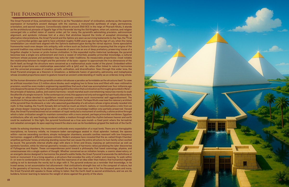 Interstellar Lighthouse spread pairing foundation-stone research with a pyramid illustration