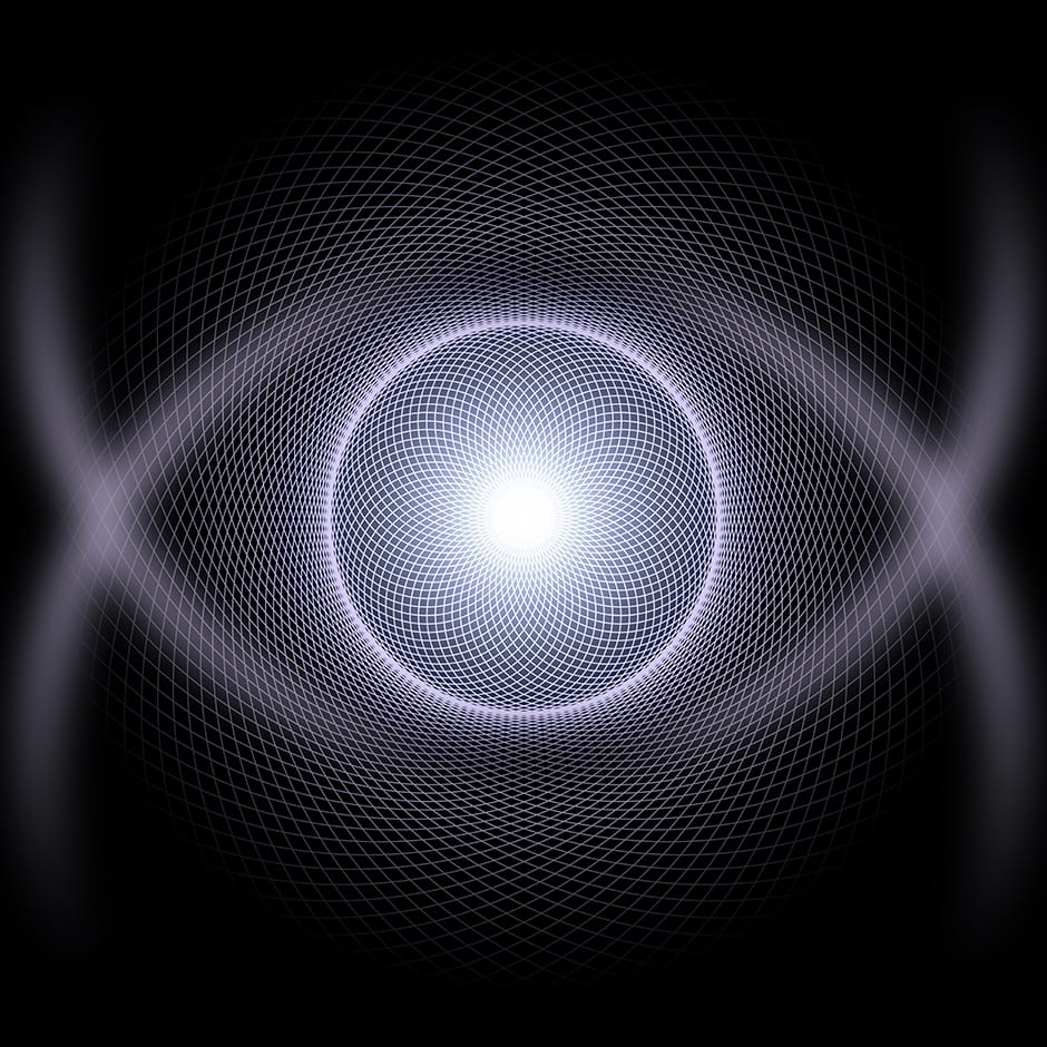 Luminous white generative eye geometry on black