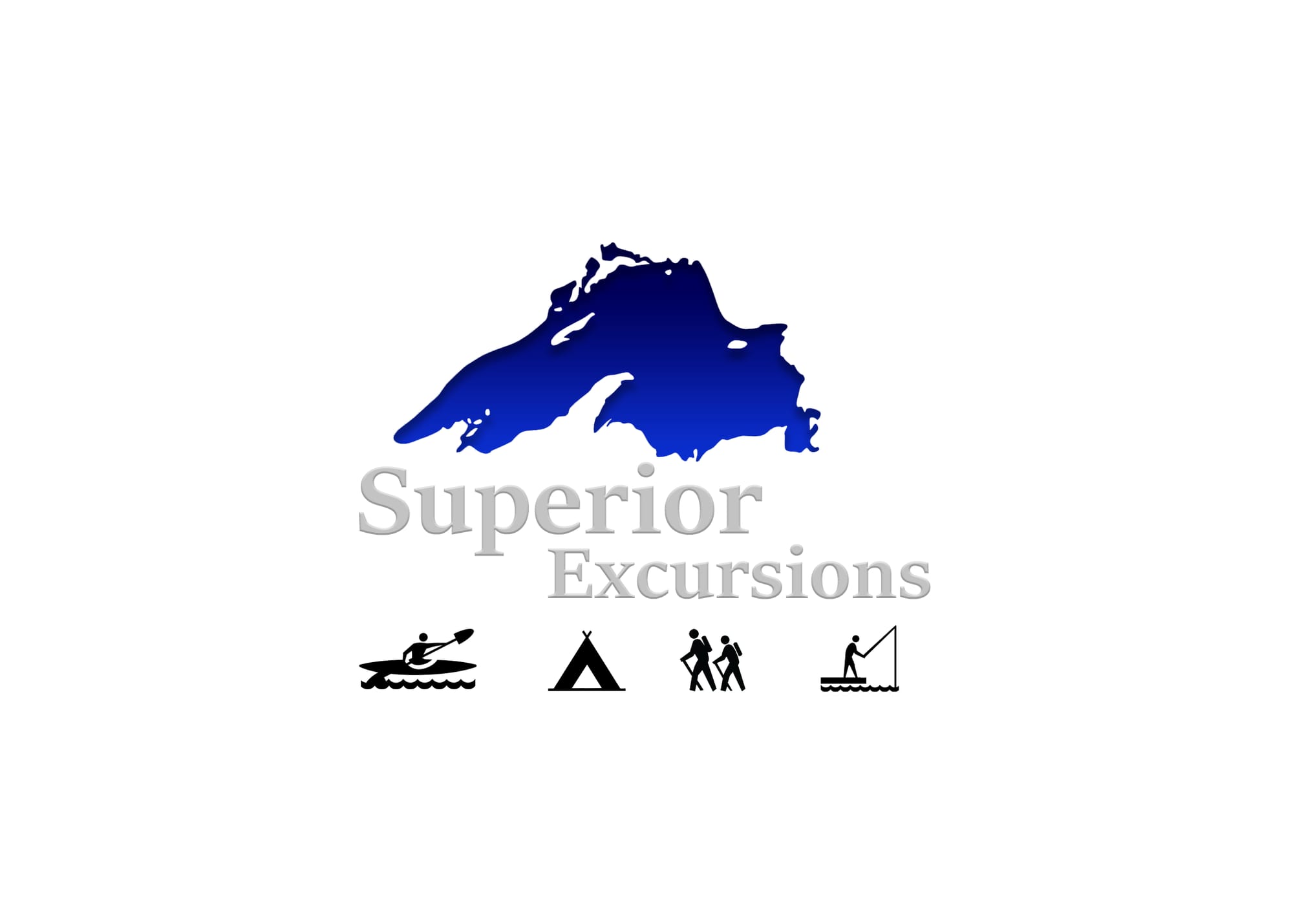 Superior Excursions identity with Lake Superior silhouette and outdoor activity symbols