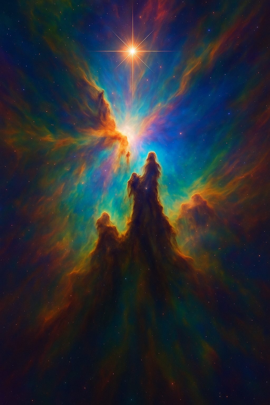 Colorful cosmic field rising toward a radiant star