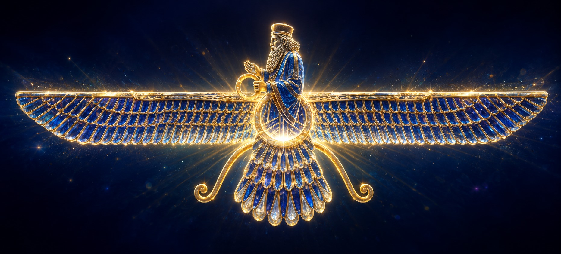 Blue-and-gold Faravahar-inspired winged figure radiating light against a deep celestial background