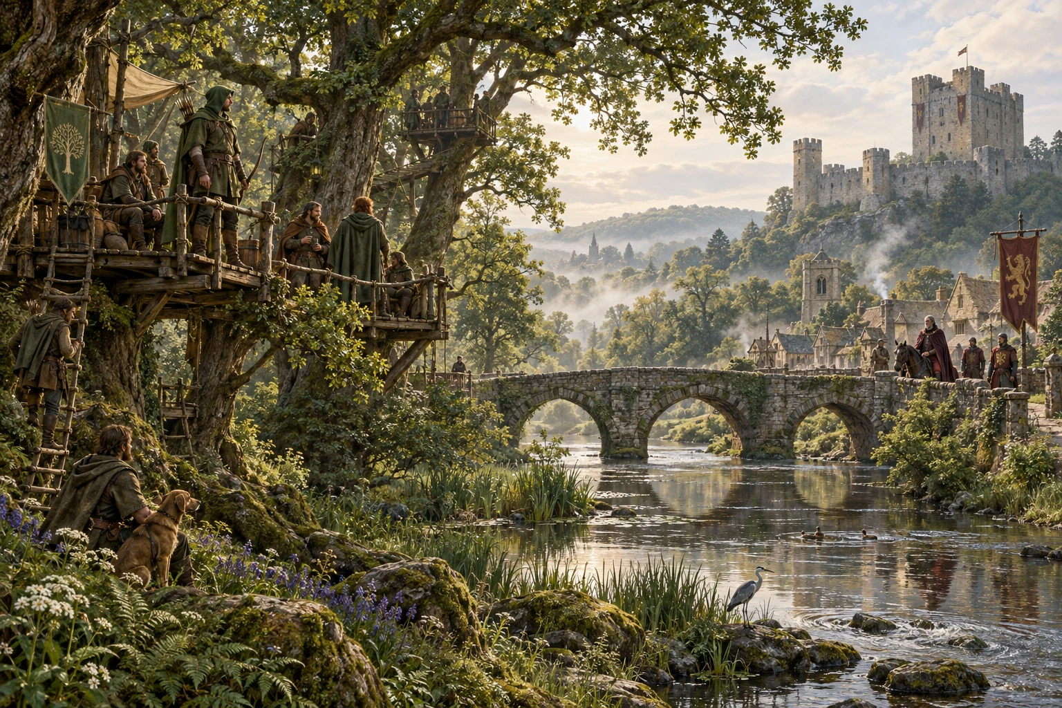 An imagined medieval Sherwood: Robin Hood and the Merry Men among oak-tree platforms, a river and stone bridge, and the sheriff beside a castle across the water.