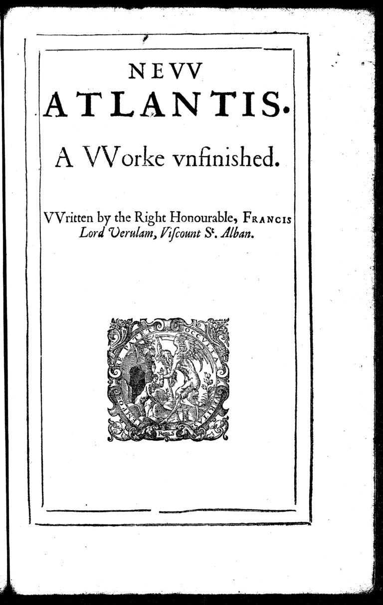 New Atlantis title page, 1628 edition, identifying it as A Work unfinished