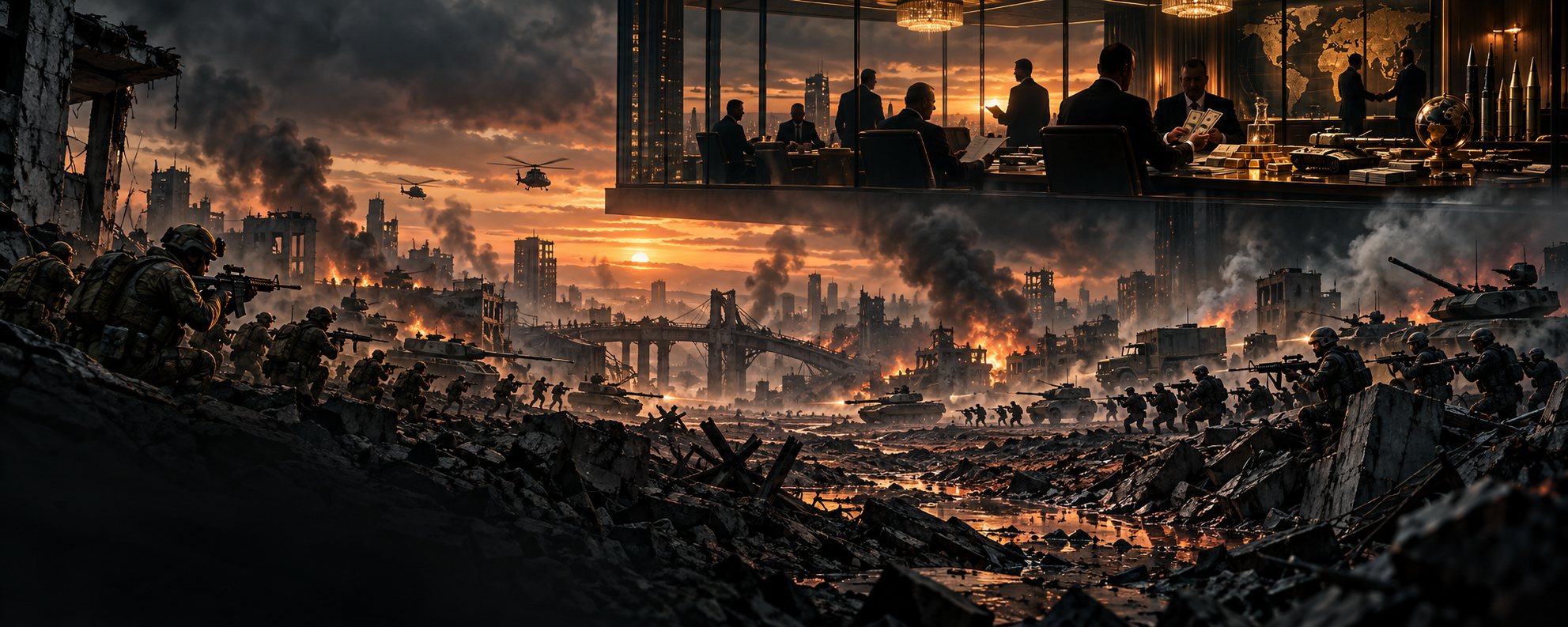 Conceptual illustration of two fictional armies fighting below a private boardroom where businessmen count money and sign contracts.